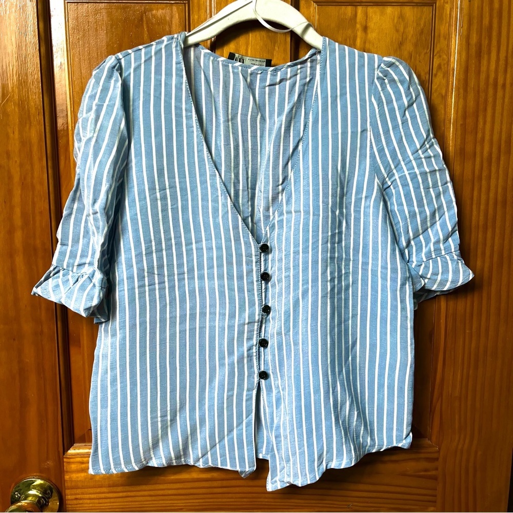 Zara Ruffle Edge Pinstripe Crop Blouse